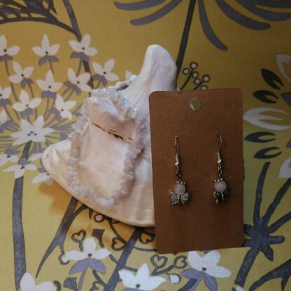 Parure Papillon Quartz rose, boucles d'oreilles et bracelet chips